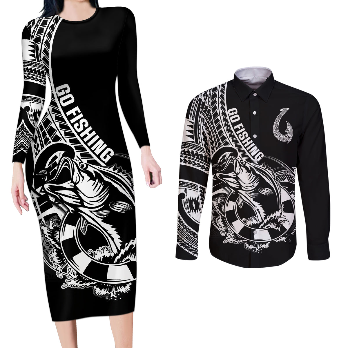 Personalised Polynesia Couples Matching Long Sleeve Bodycon Dress and Long Sleeve Button Shirts Fish Hook Tattoo Go Fishing Polynesian Pattern Black LT14 Black - Polynesian Pride