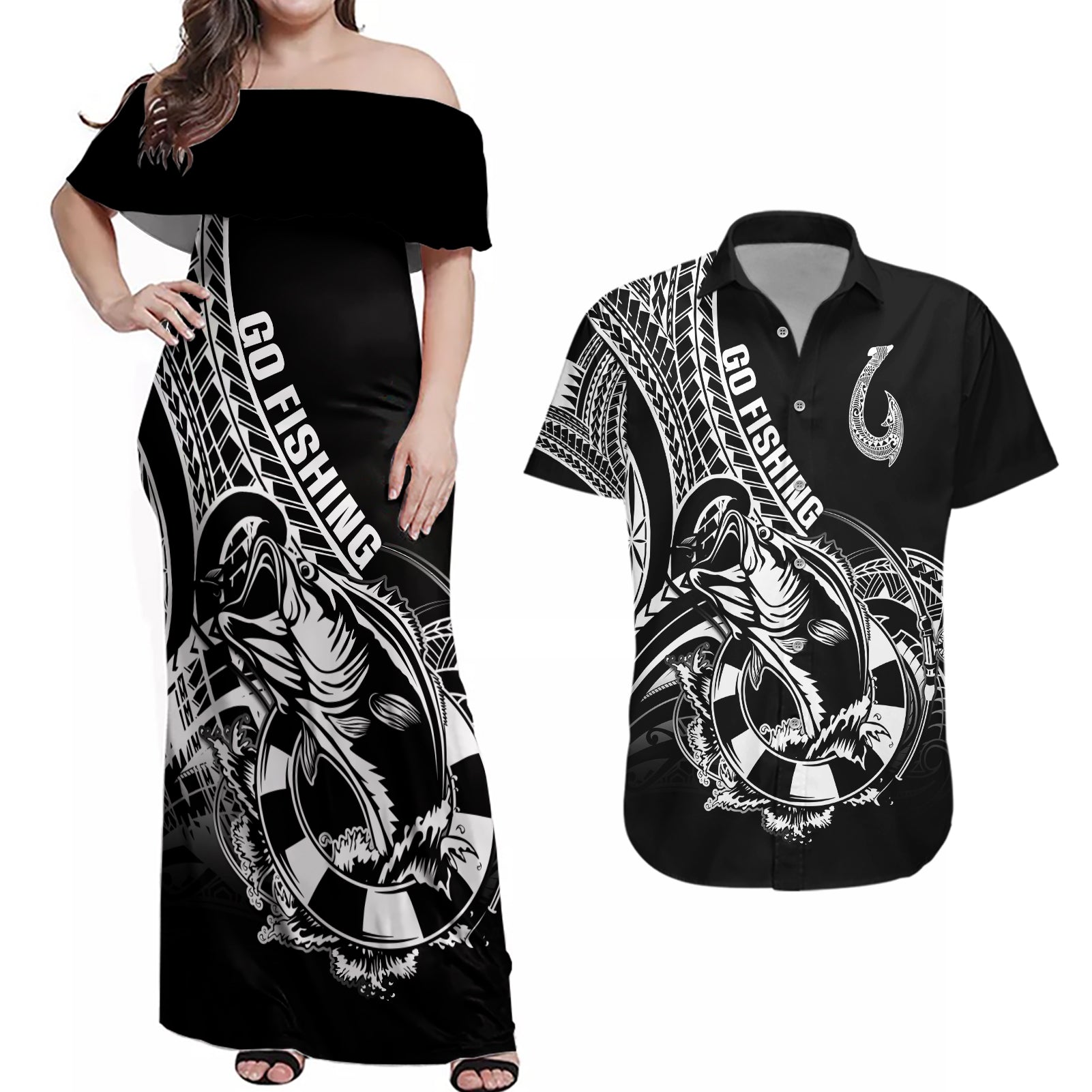 Personalised Polynesia Couples Matching Off Shoulder Maxi Dress and Hawaiian Shirt Fish Hook Tattoo Go Fishing Polynesian Pattern Black LT14 Black - Polynesian Pride