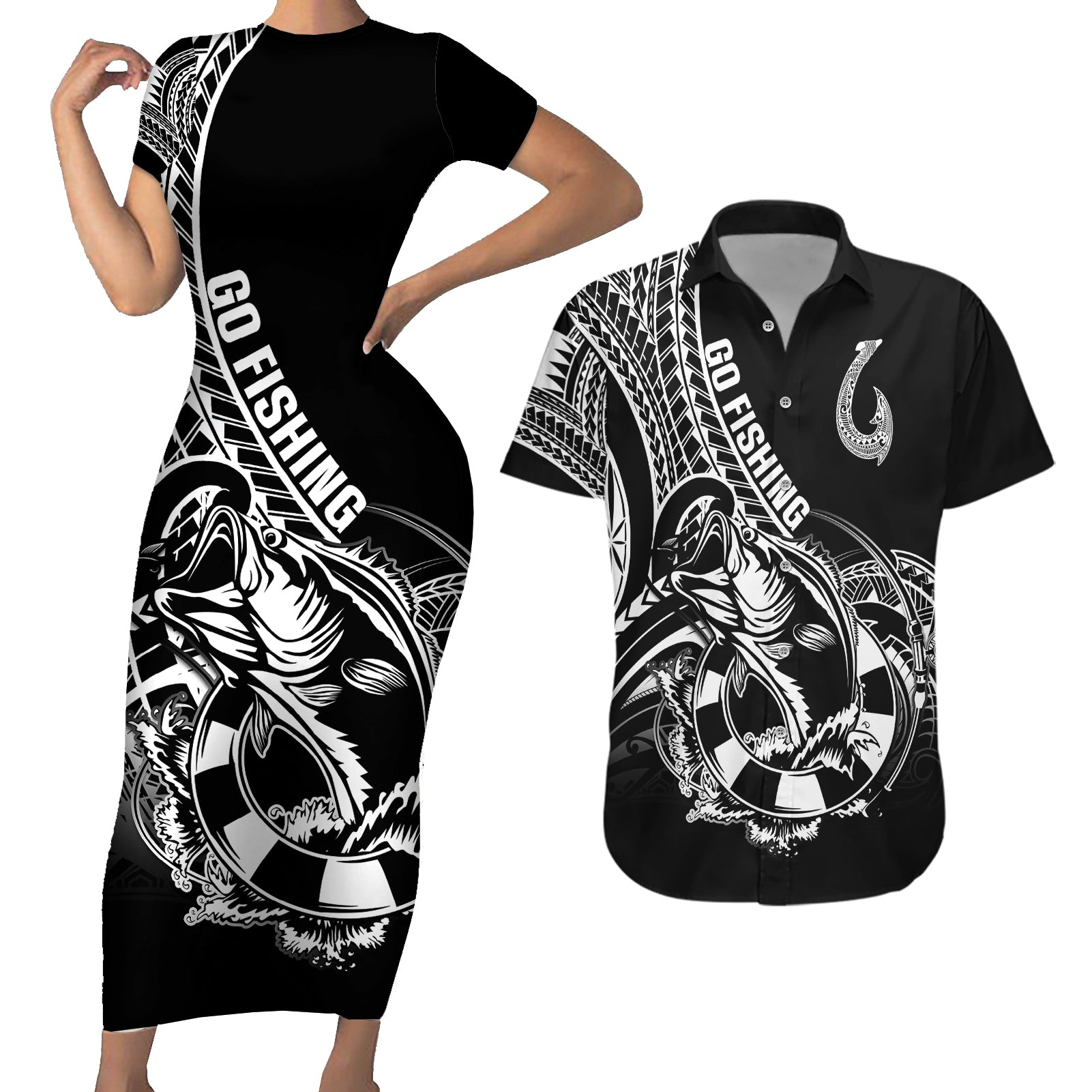 Personalised Polynesia Couples Matching Short Sleeve Bodycon Dress and Hawaiian Shirt Fish Hook Tattoo Go Fishing Polynesian Pattern Black LT14 Black - Polynesian Pride