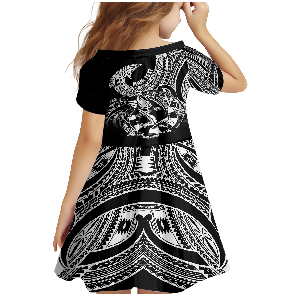 Personalised Polynesia Family Matching Mermaid Dress and Hawaiian Shirt Fish Hook Tattoo Go Fishing Polynesian Pattern Black LT14 - Polynesian Pride