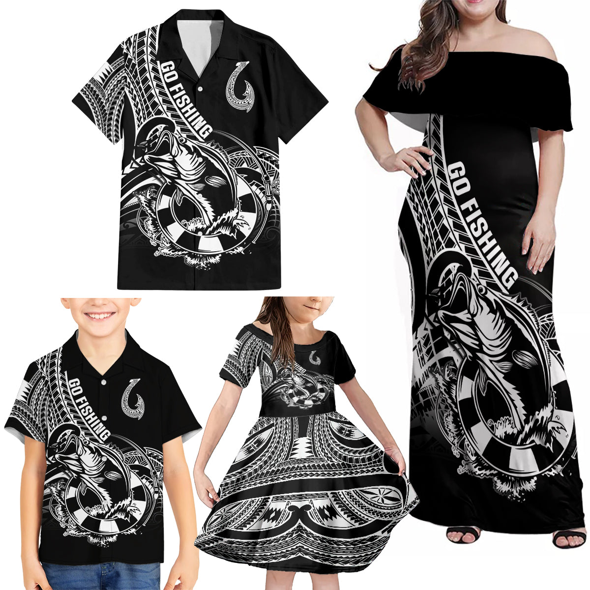 Personalised Polynesia Family Matching Off Shoulder Maxi Dress and Hawaiian Shirt Fish Hook Tattoo Go Fishing Polynesian Pattern Black LT14 - Polynesian Pride