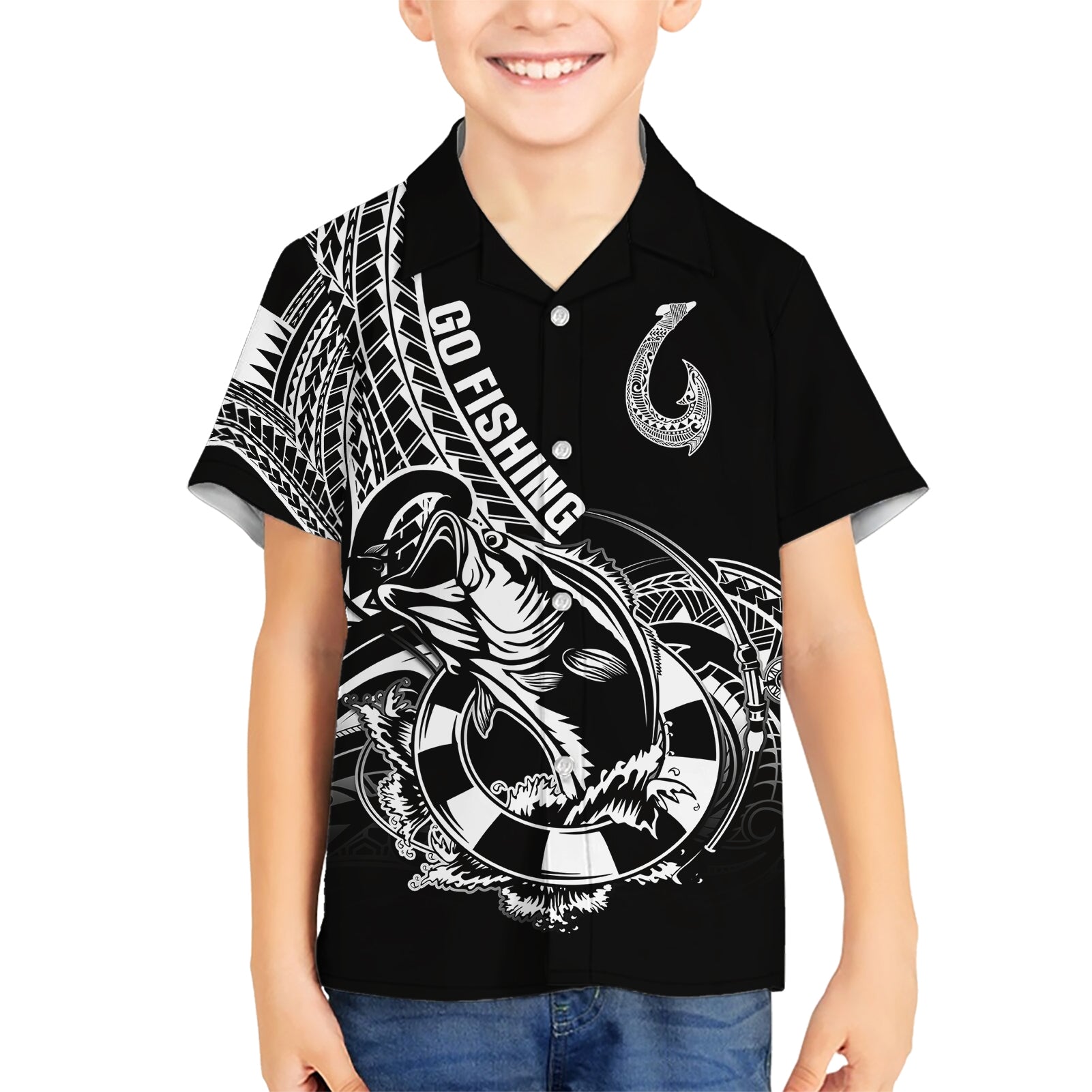 Personalised Polynesia Kid Hawaiian Shirt Fish Hook Tattoo Go Fishing Polynesian Pattern Black LT14 Kid Black - Polynesian Pride
