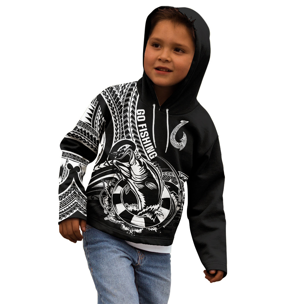 Personalised Polynesia Kid Hoodie Fish Hook Tattoo Go Fishing Polynesian Pattern Black LT14 - Polynesian Pride