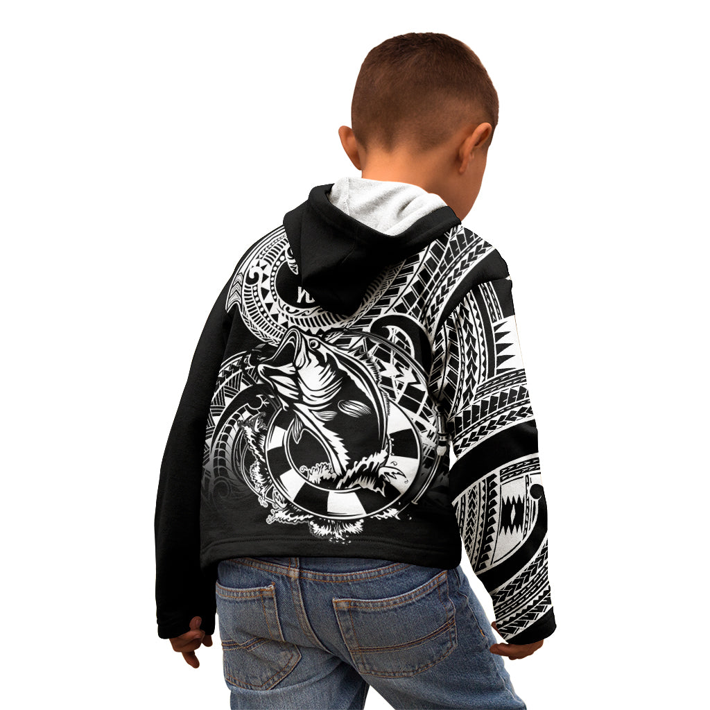 Personalised Polynesia Kid Hoodie Fish Hook Tattoo Go Fishing Polynesian Pattern Black LT14 - Polynesian Pride