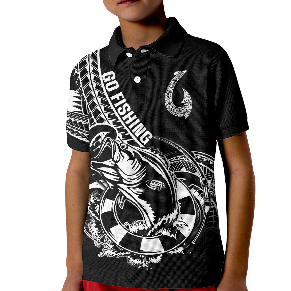 Personalised Polynesia Kid Polo Shirt Fish Hook Tattoo Go Fishing Polynesian Pattern Black LT14 Kid Black - Polynesian Pride