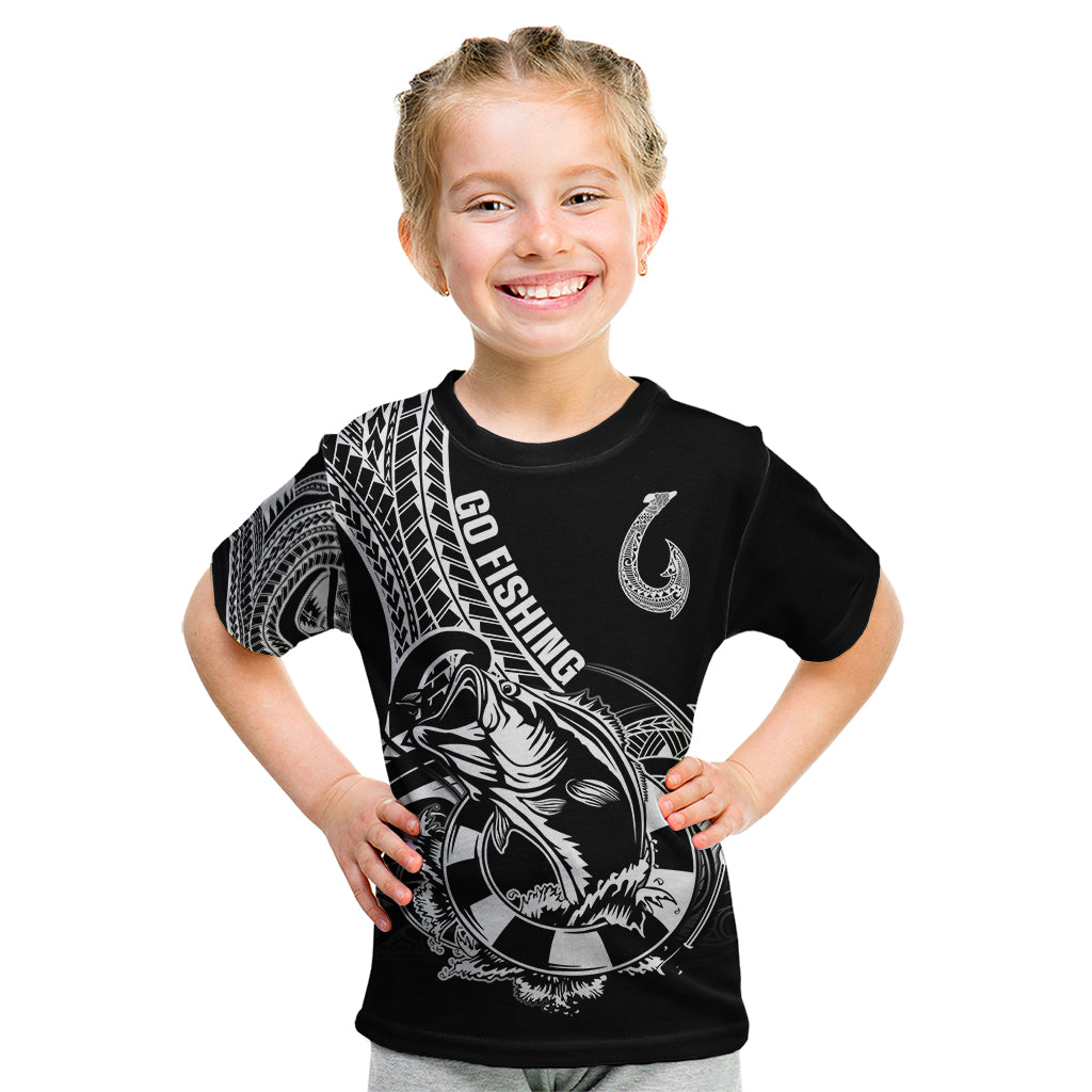 Personalised Polynesia Kid T Shirt Fish Hook Tattoo Go Fishing Polynesian Pattern Black LT14 Black - Polynesian Pride