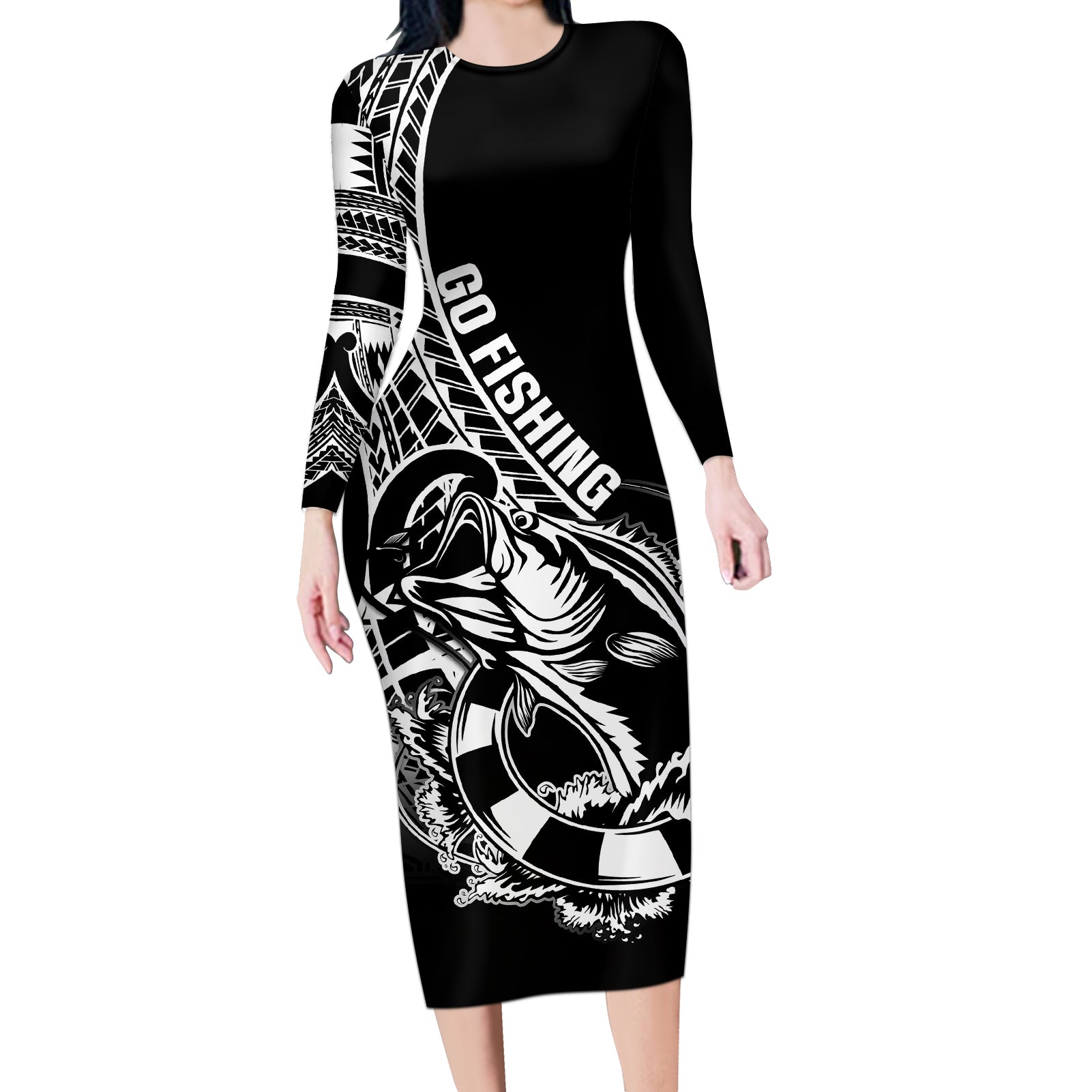 Personalised Polynesia Long Sleeve Bodycon Dress Fish Hook Tattoo Go Fishing Polynesian Pattern Black LT14 Long Dress Black - Polynesian Pride