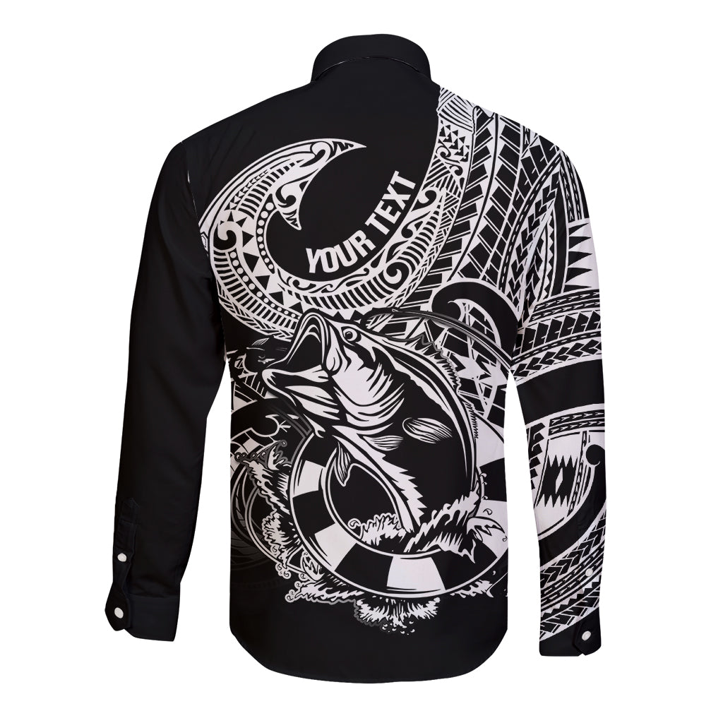 Personalised Polynesia Long Sleeve Button Shirt Fish Hook Tattoo Go Fishing Polynesian Pattern Black LT14 - Polynesian Pride