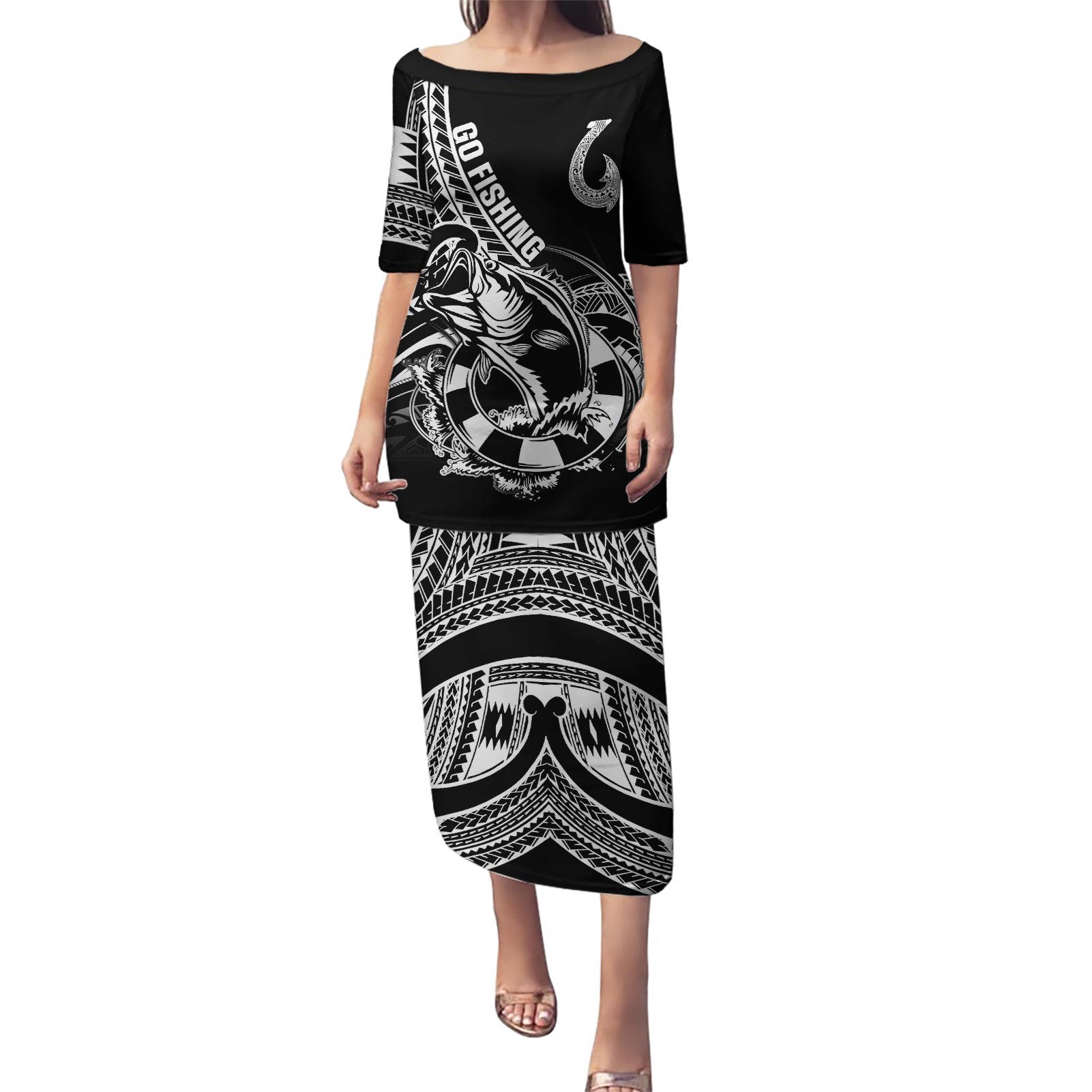 Personalised Polynesia Puletasi Fish Hook Tattoo Go Fishing Polynesian Pattern Black LT14 Long Dress Black - Polynesian Pride