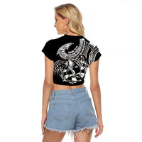 Personalised Polynesia Raglan Cropped T Shirt Fish Hook Tattoo Go Fishing Polynesian Pattern Black LT14 - Polynesian Pride