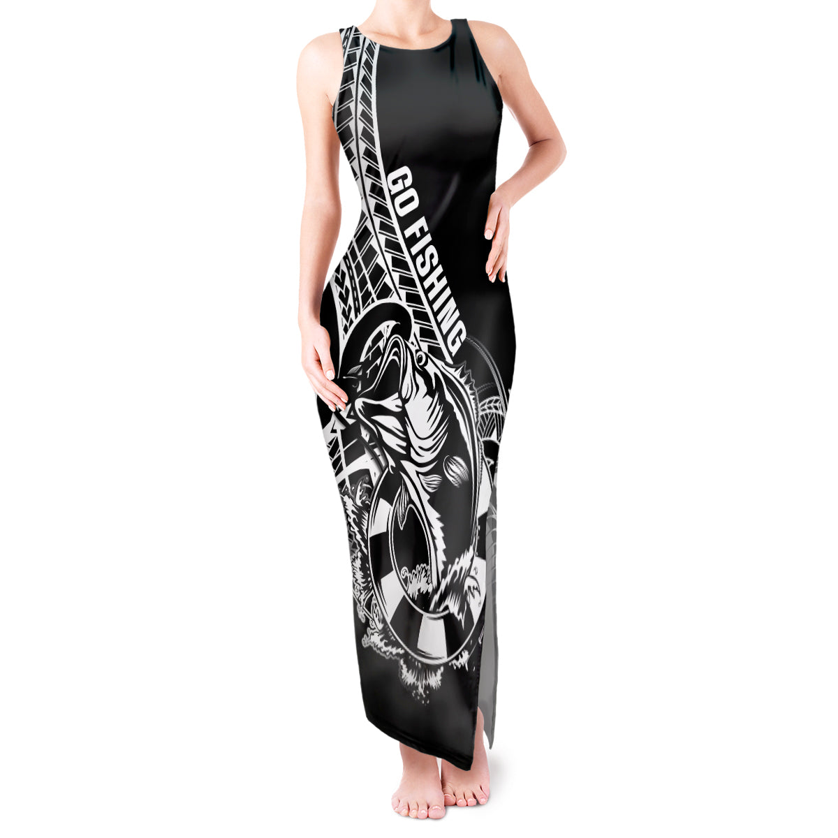 Personalised Polynesia Tank Maxi Dress Fish Hook Tattoo Go Fishing Polynesian Pattern Black LT14 Women Black - Polynesian Pride