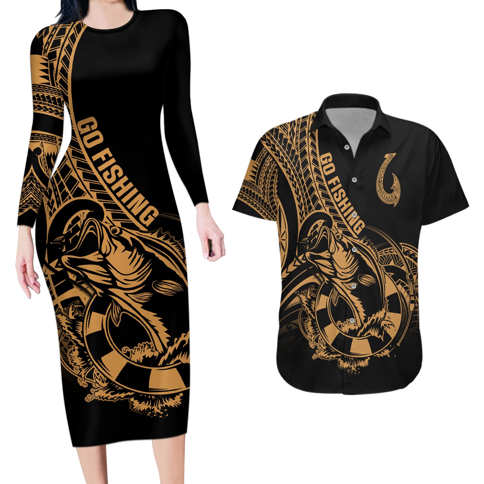 Polynesia Couples Matching Long Sleeve Bodycon Dress and Hawaiian Shirt Fish Hook Tattoo Go Fishing Polynesian Pattern Gold LT14 Gold - Polynesian Pride