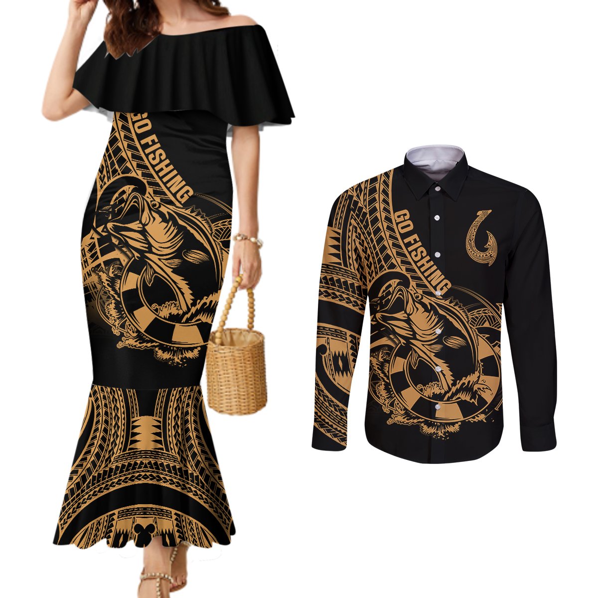 Polynesia Couples Matching Mermaid Dress and Long Sleeve Button Shirts Fish Hook Tattoo Go Fishing Polynesian Pattern Gold LT14 Gold - Polynesian Pride