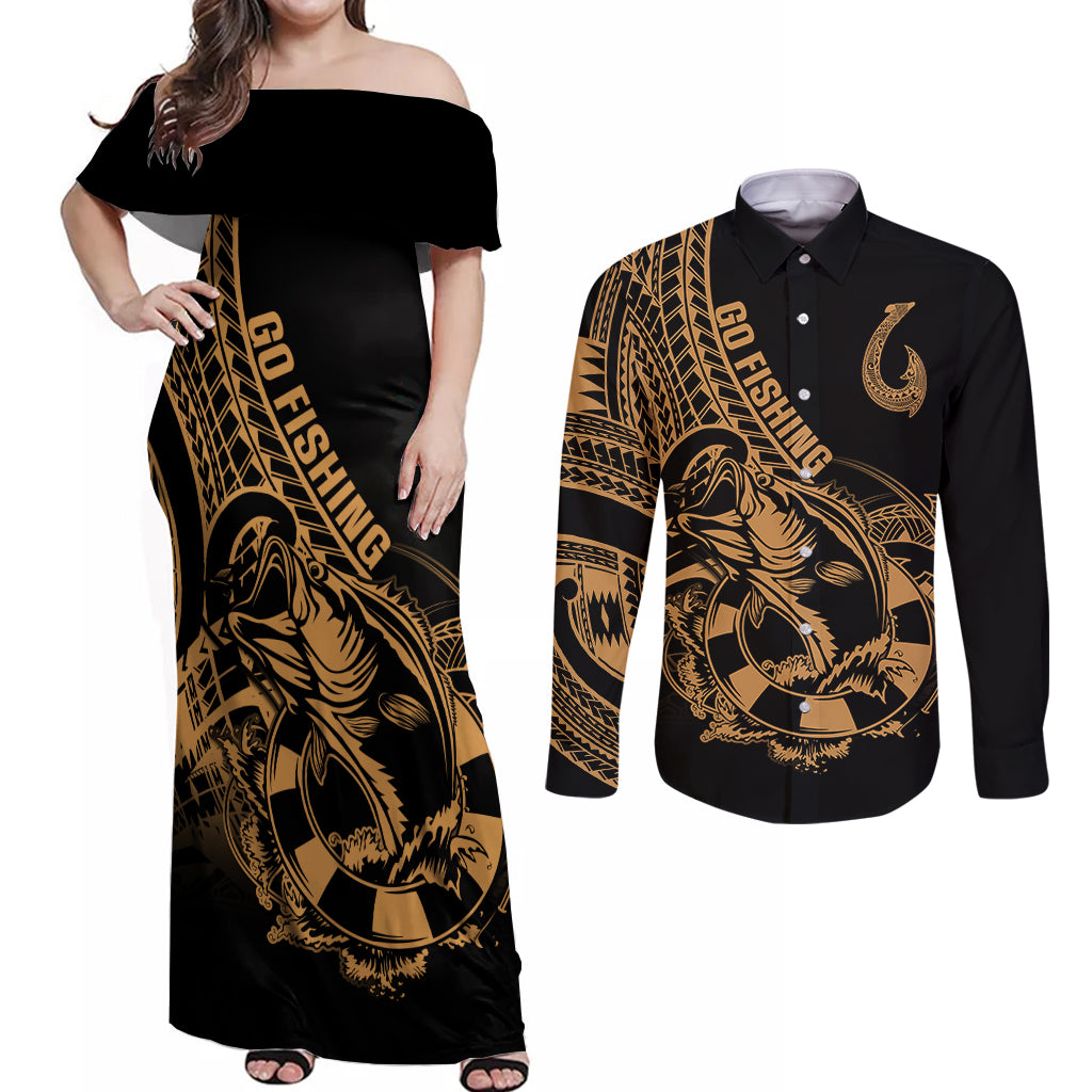 Polynesia Couples Matching Off Shoulder Maxi Dress and Long Sleeve Button Shirts Fish Hook Tattoo Go Fishing Polynesian Pattern Gold LT14 Gold - Polynesian Pride