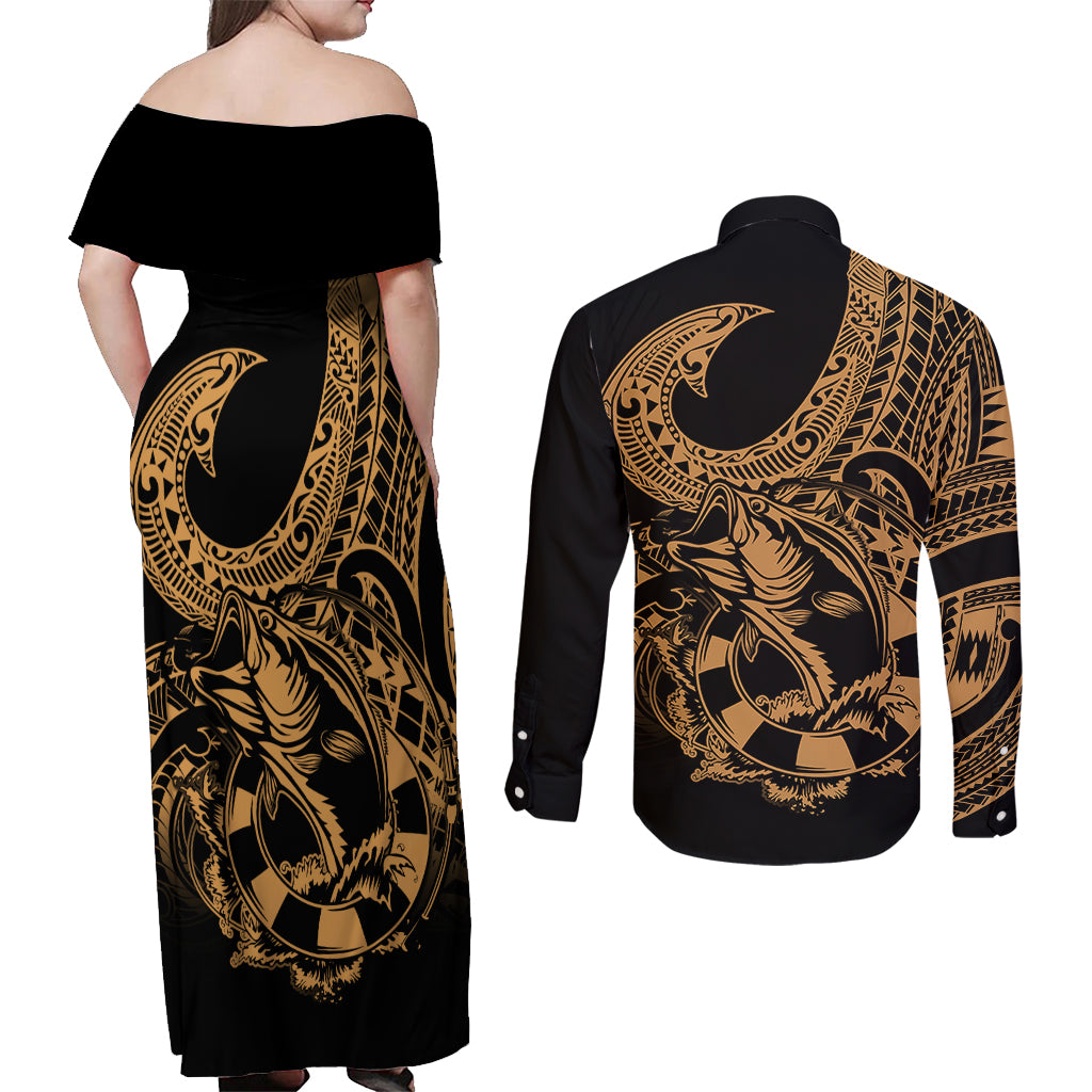 Polynesia Couples Matching Off Shoulder Maxi Dress and Long Sleeve Button Shirts Fish Hook Tattoo Go Fishing Polynesian Pattern Gold LT14 - Polynesian Pride