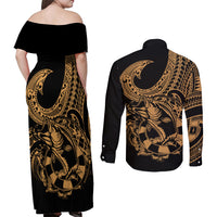 Polynesia Couples Matching Off Shoulder Maxi Dress and Long Sleeve Button Shirts Fish Hook Tattoo Go Fishing Polynesian Pattern Gold LT14 - Polynesian Pride