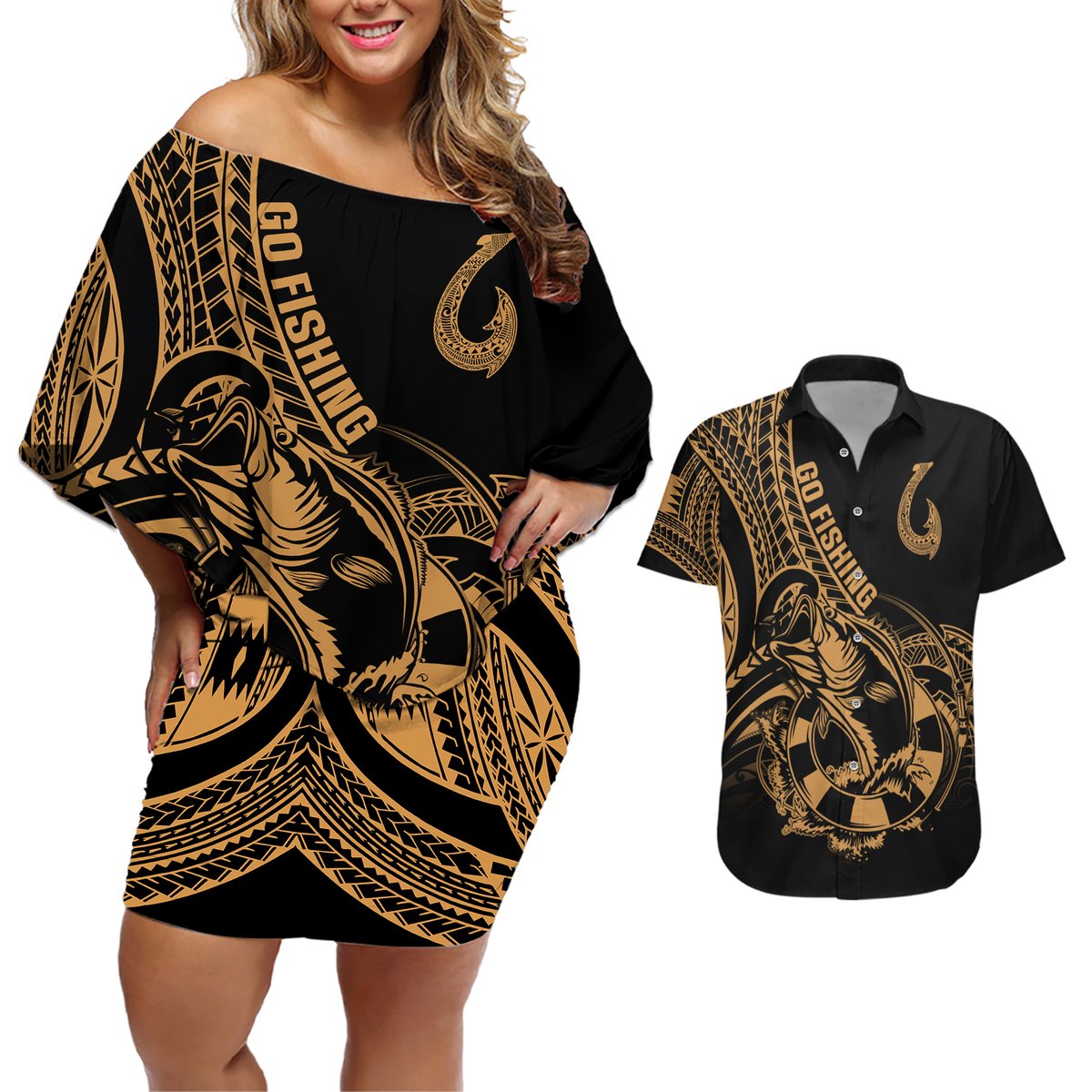 Polynesia Couples Matching Off Shoulder Short Dress and Hawaiian Shirt Fish Hook Tattoo Go Fishing Polynesian Pattern Gold LT14 Gold - Polynesian Pride