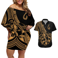 Polynesia Couples Matching Off Shoulder Short Dress and Hawaiian Shirt Fish Hook Tattoo Go Fishing Polynesian Pattern Gold LT14 Gold - Polynesian Pride