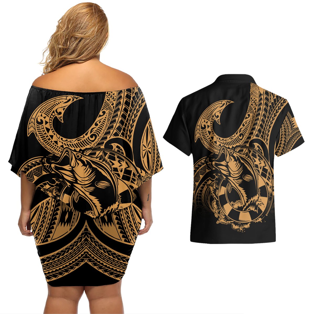 Polynesia Couples Matching Off Shoulder Short Dress and Hawaiian Shirt Fish Hook Tattoo Go Fishing Polynesian Pattern Gold LT14 - Polynesian Pride