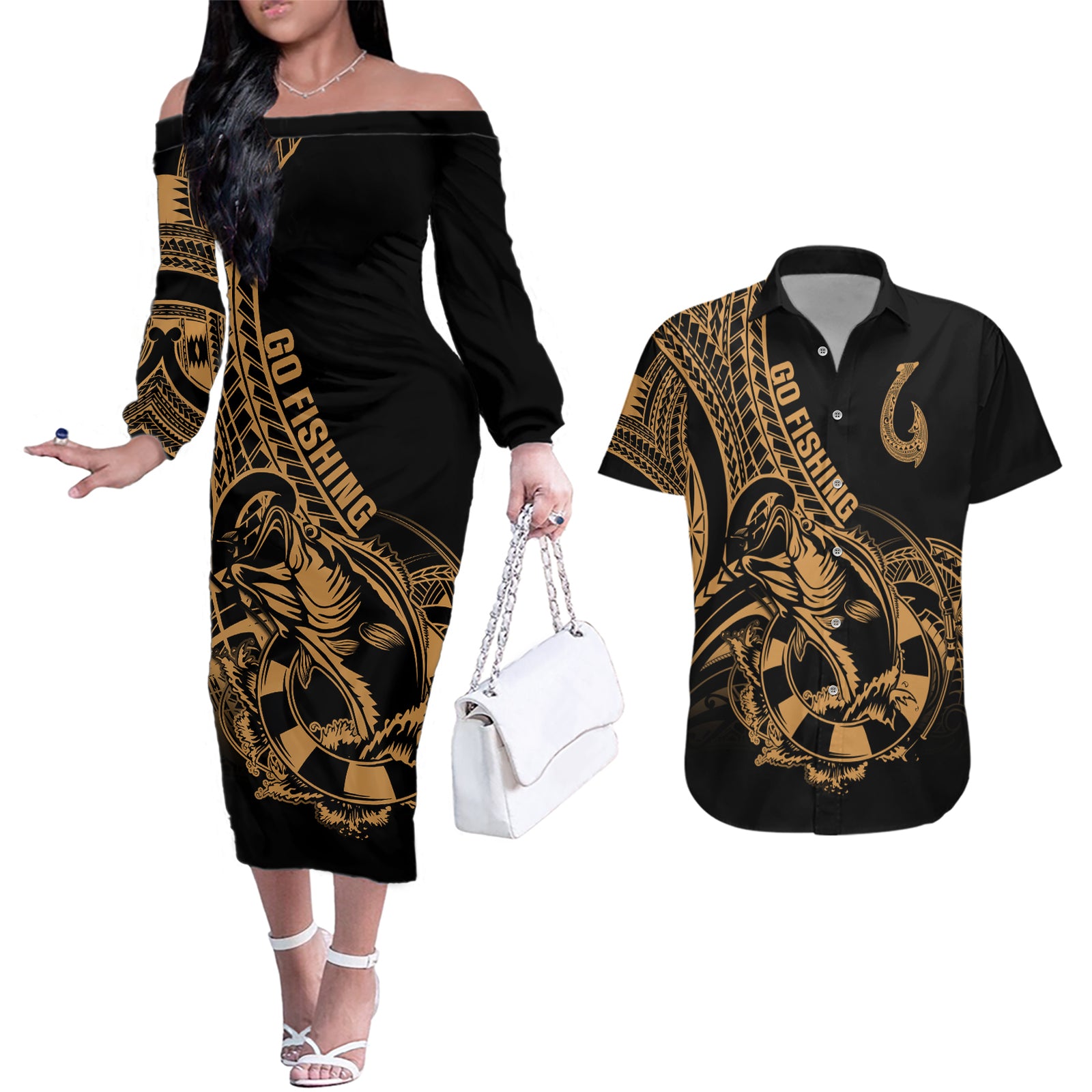 Polynesia Couples Matching Off The Shoulder Long Sleeve Dress and Hawaiian Shirt Fish Hook Tattoo Go Fishing Polynesian Pattern Gold LT14 Gold - Polynesian Pride