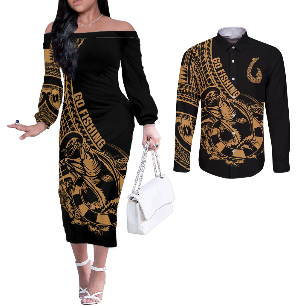 Polynesia Couples Matching Off The Shoulder Long Sleeve Dress and Long Sleeve Button Shirts Fish Hook Tattoo Go Fishing Polynesian Pattern Gold LT14 Gold - Polynesian Pride