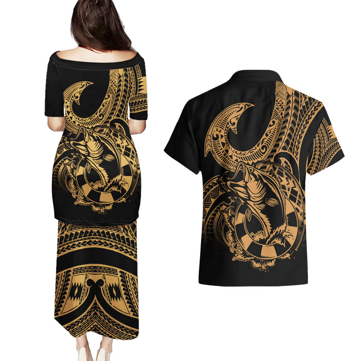 polynesia-couples-matching-puletasi-dress-and-hawaiian-shirt-fish-hook-tattoo-go-fishing-polynesian-pattern-gold