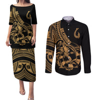 Polynesia Couples Matching Puletasi Dress and Long Sleeve Button Shirts Fish Hook Tattoo Go Fishing Polynesian Pattern Gold LT14 Gold - Polynesian Pride