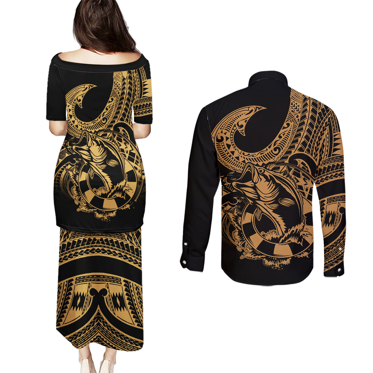 Polynesia Couples Matching Puletasi Dress and Long Sleeve Button Shirts Fish Hook Tattoo Go Fishing Polynesian Pattern Gold LT14 - Polynesian Pride