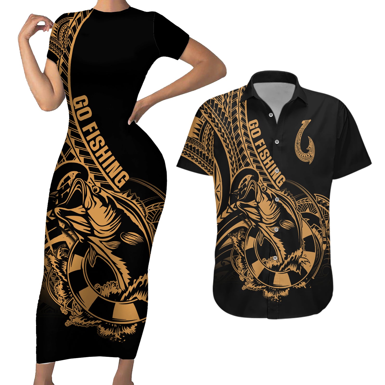 Polynesia Couples Matching Short Sleeve Bodycon Dress and Hawaiian Shirt Fish Hook Tattoo Go Fishing Polynesian Pattern Gold LT14 Gold - Polynesian Pride