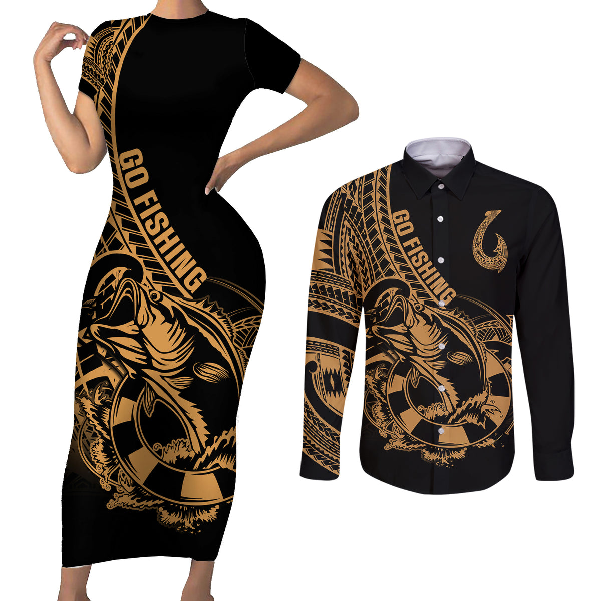 Polynesia Couples Matching Short Sleeve Bodycon Dress and Long Sleeve Button Shirts Fish Hook Tattoo Go Fishing Polynesian Pattern Gold LT14 Gold - Polynesian Pride
