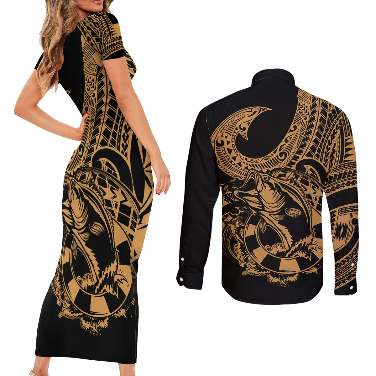 Polynesia Couples Matching Short Sleeve Bodycon Dress and Long Sleeve Button Shirts Fish Hook Tattoo Go Fishing Polynesian Pattern Gold LT14 - Polynesian Pride