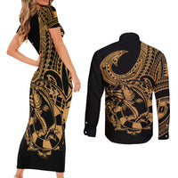 Polynesia Couples Matching Short Sleeve Bodycon Dress and Long Sleeve Button Shirts Fish Hook Tattoo Go Fishing Polynesian Pattern Gold LT14 - Polynesian Pride