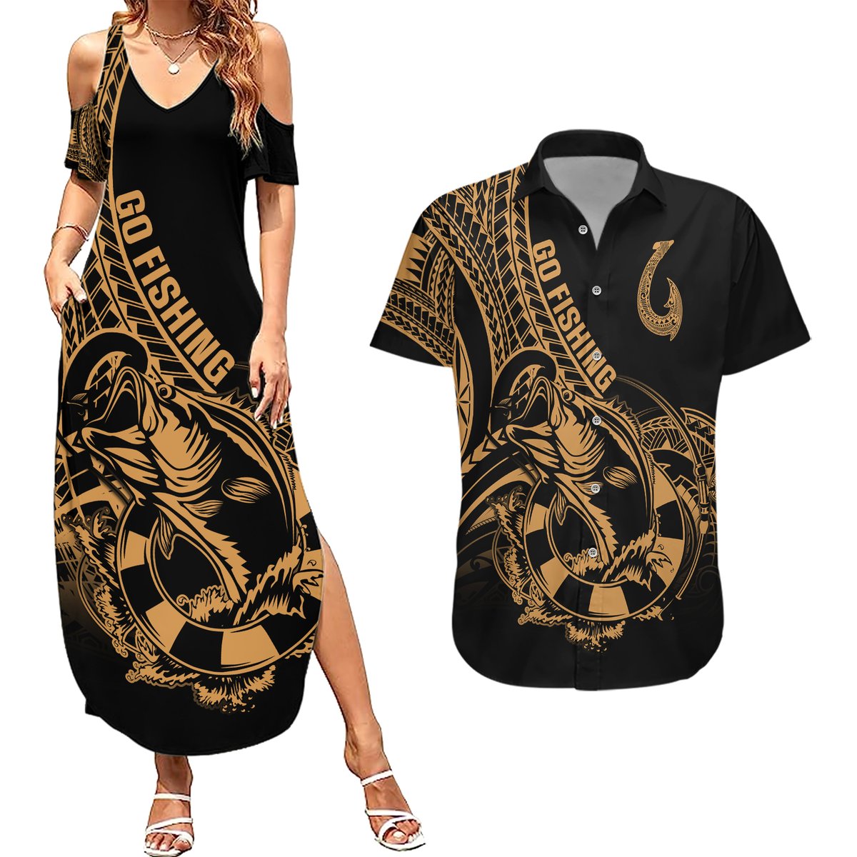 Polynesia Couples Matching Summer Maxi Dress and Hawaiian Shirt Fish Hook Tattoo Go Fishing Polynesian Pattern Gold LT14 Gold - Polynesian Pride