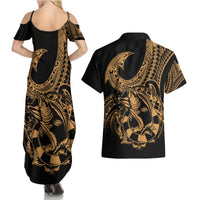Polynesia Couples Matching Summer Maxi Dress and Hawaiian Shirt Fish Hook Tattoo Go Fishing Polynesian Pattern Gold LT14 - Polynesian Pride