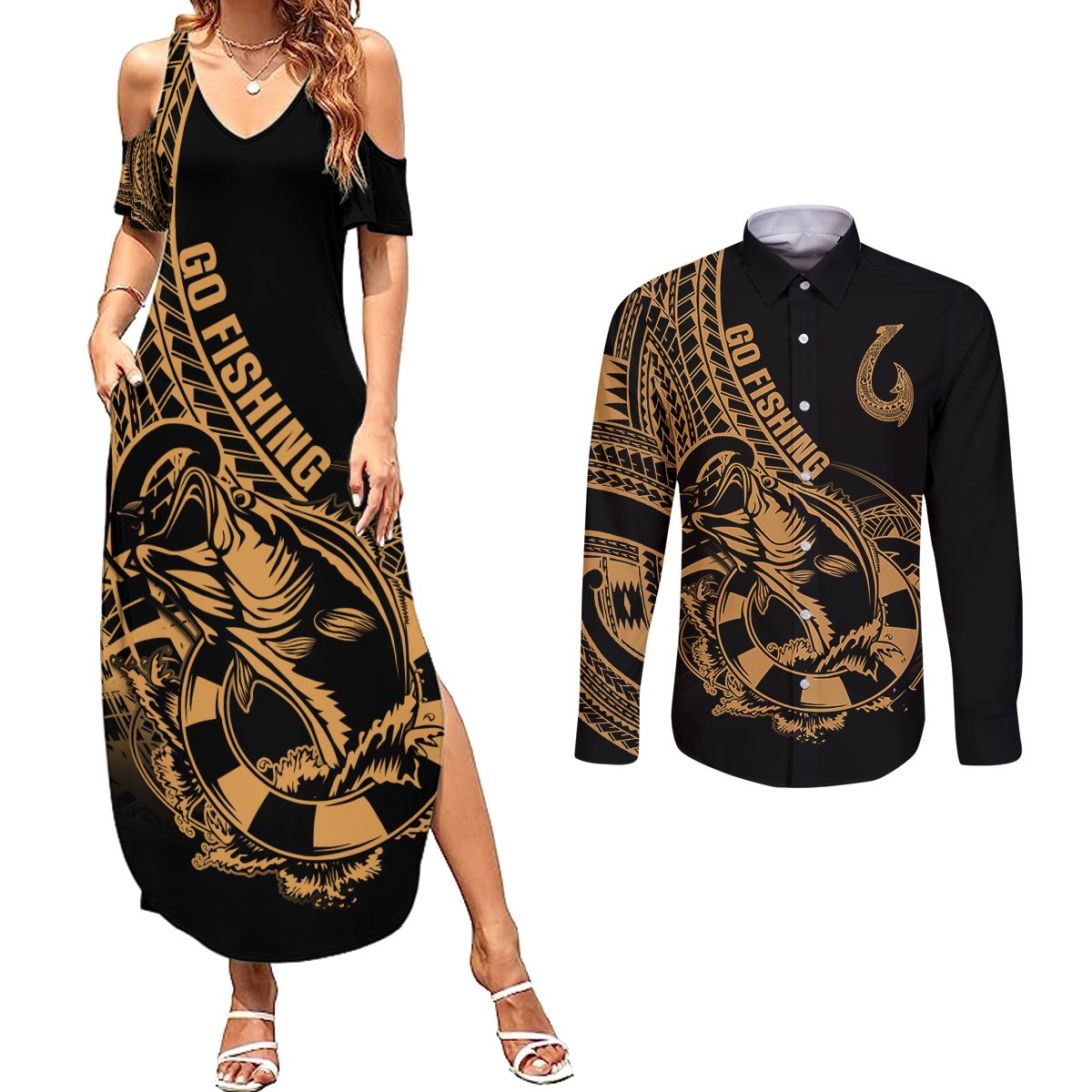 Polynesia Couples Matching Summer Maxi Dress and Long Sleeve Button Shirts Fish Hook Tattoo Go Fishing Polynesian Pattern Gold LT14 Gold - Polynesian Pride