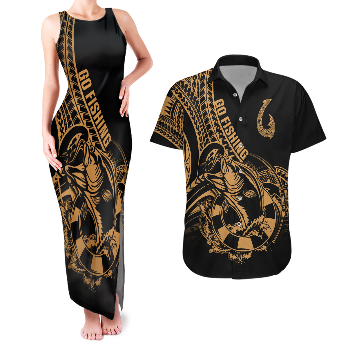 Polynesia Couples Matching Tank Maxi Dress and Hawaiian Shirt Fish Hook Tattoo Go Fishing Polynesian Pattern Gold LT14 Gold - Polynesian Pride