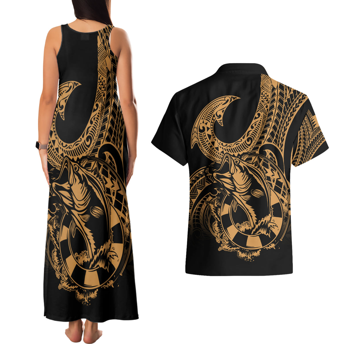 Polynesia Couples Matching Tank Maxi Dress and Hawaiian Shirt Fish Hook Tattoo Go Fishing Polynesian Pattern Gold LT14 - Polynesian Pride