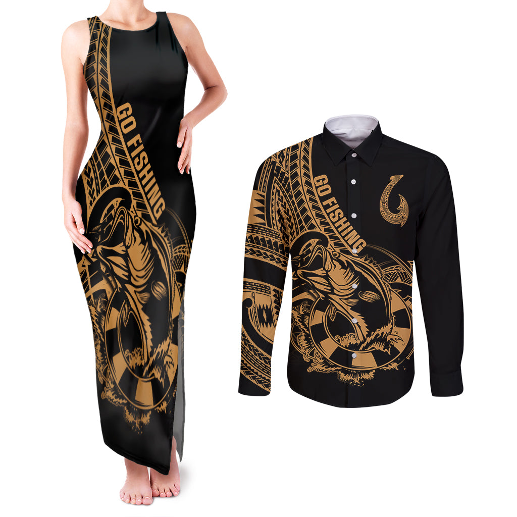 Polynesia Couples Matching Tank Maxi Dress and Long Sleeve Button Shirts Fish Hook Tattoo Go Fishing Polynesian Pattern Gold LT14 Gold - Polynesian Pride