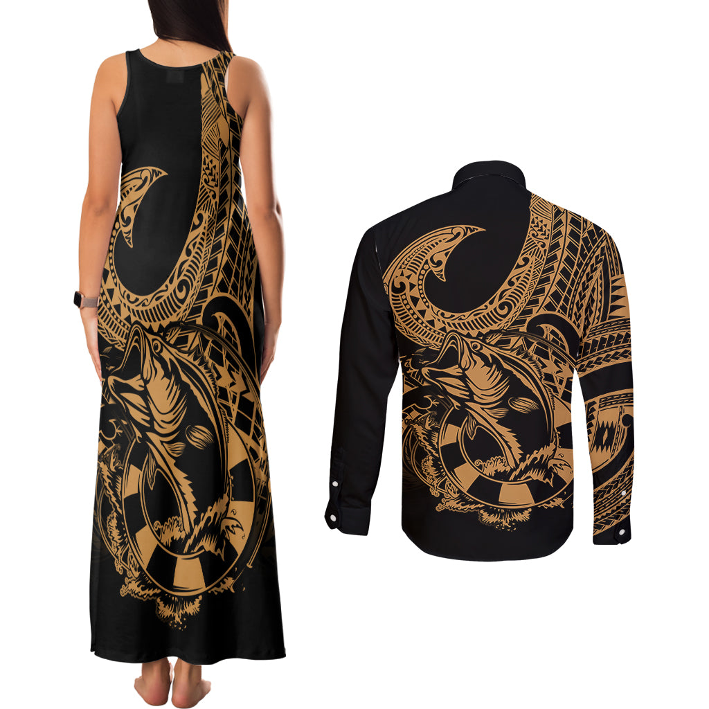 Polynesia Couples Matching Tank Maxi Dress and Long Sleeve Button Shirts Fish Hook Tattoo Go Fishing Polynesian Pattern Gold LT14 - Polynesian Pride