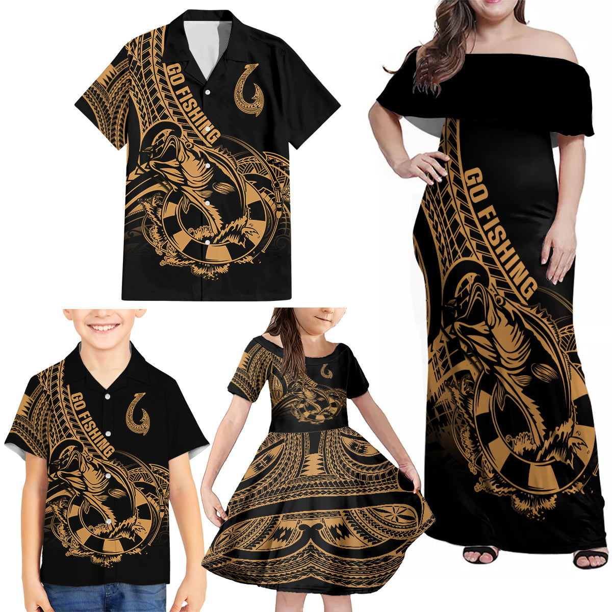 polynesia-family-matching-off-shoulder-maxi-dress-and-hawaiian-shirt-fish-hook-tattoo-go-fishing-polynesian-pattern-gold