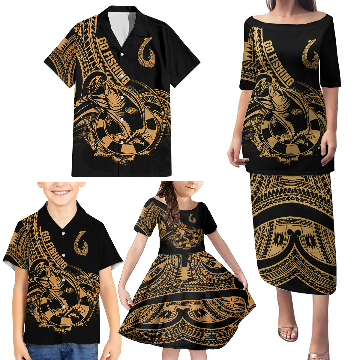 Polynesia Family Matching Puletasi Dress and Hawaiian Shirt Fish Hook Tattoo Go Fishing Polynesian Pattern Gold LT14 - Polynesian Pride