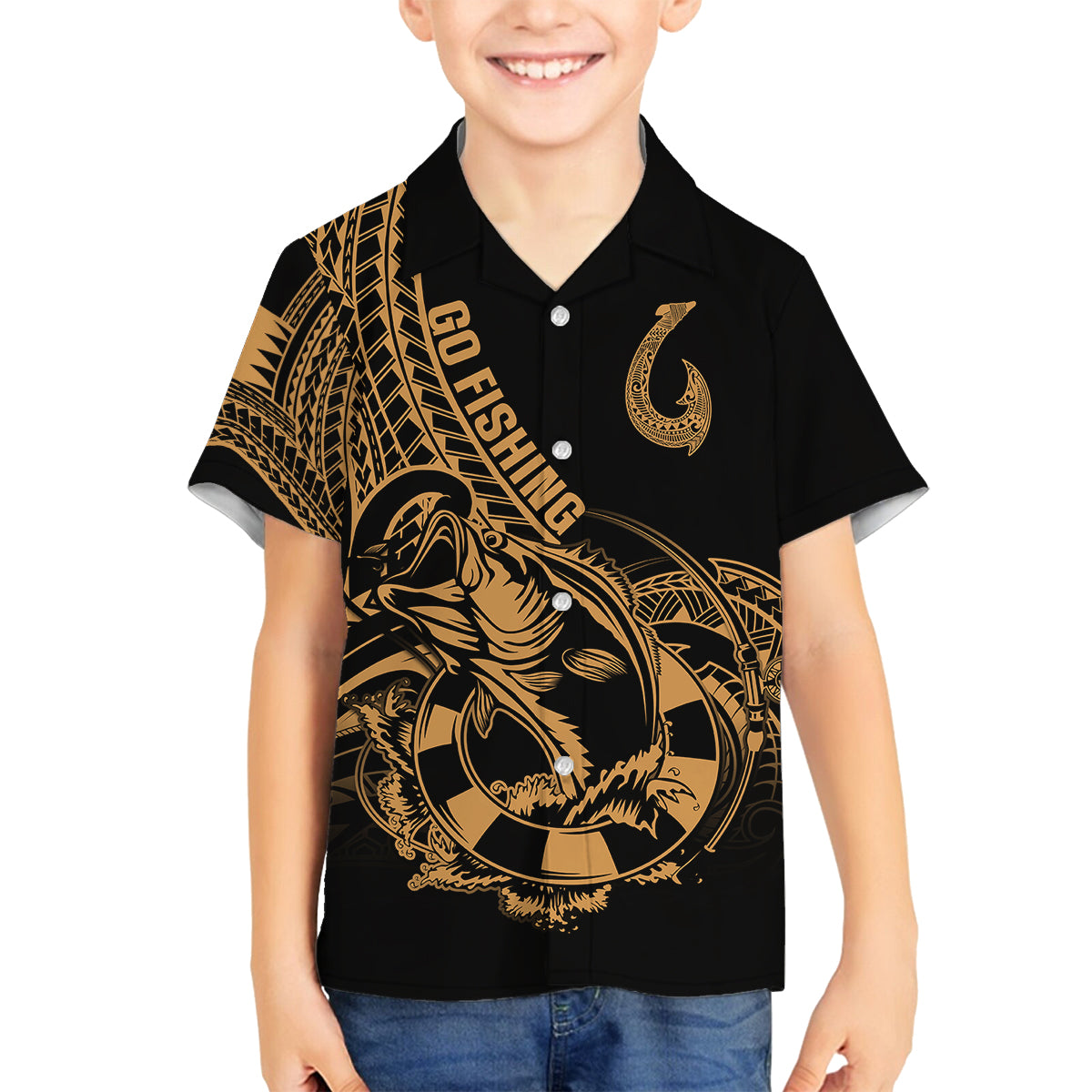 Polynesia Family Matching Puletasi Dress and Hawaiian Shirt Fish Hook Tattoo Go Fishing Polynesian Pattern Gold LT14 Son's Shirt Gold - Polynesian Pride