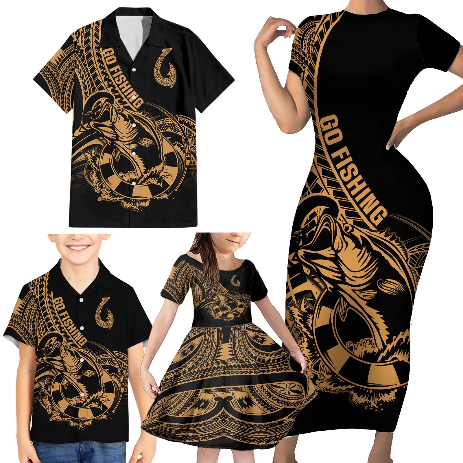 polynesia-family-matching-short-sleeve-bodycon-dress-and-hawaiian-shirt-fish-hook-tattoo-go-fishing-polynesian-pattern-gold