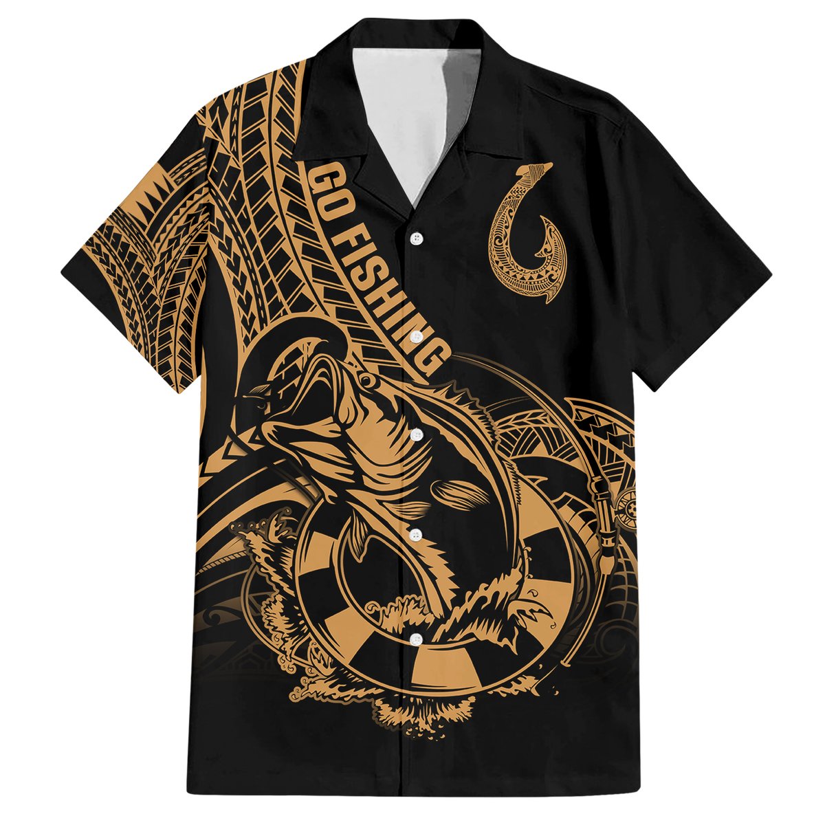 Polynesia Hawaiian Shirt Fish Hook Tattoo Go Fishing Polynesian Pattern Gold LT14 Gold - Polynesian Pride