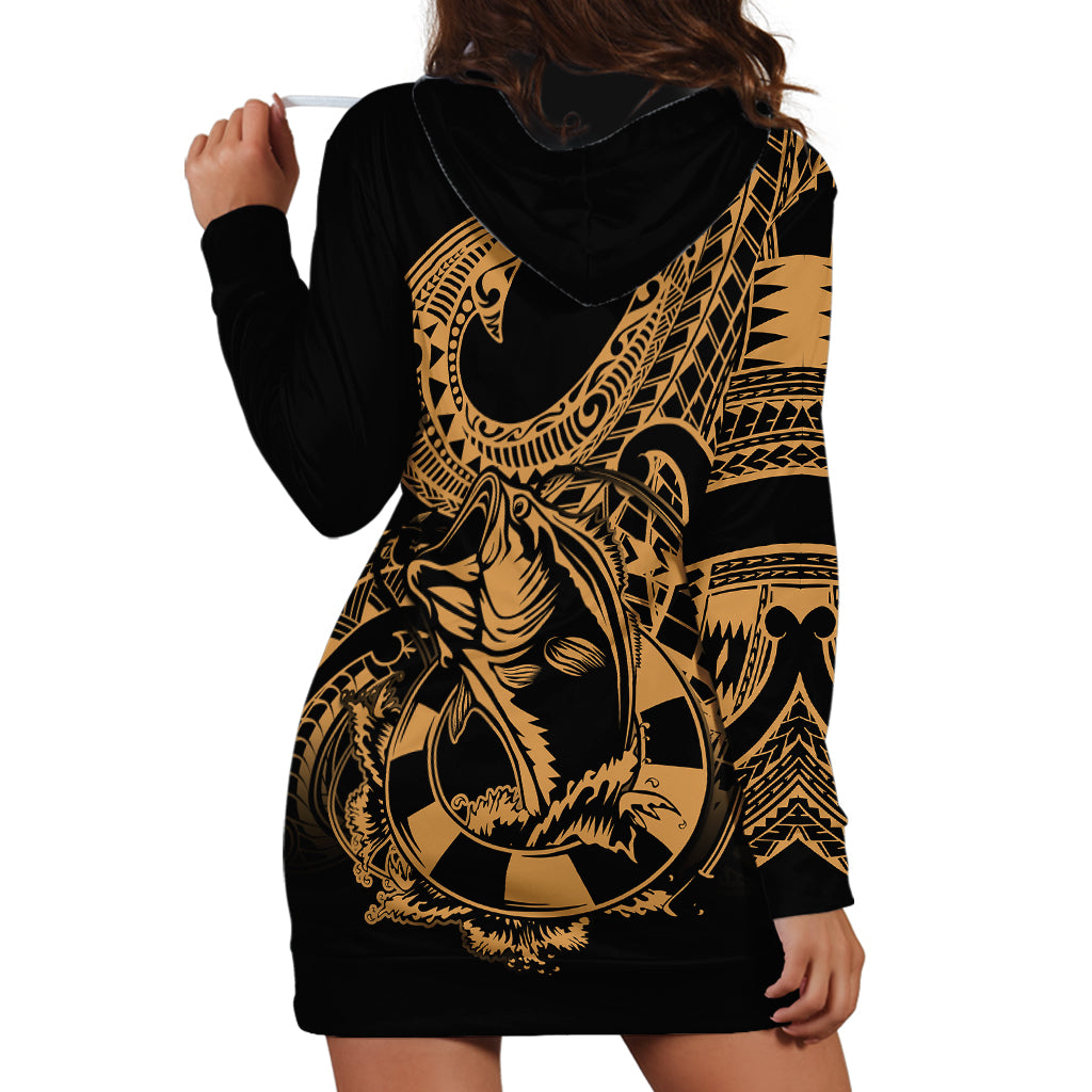 Polynesia Hoodie Dress Fish Hook Tattoo Go Fishing Polynesian Pattern Gold LT14 - Polynesian Pride