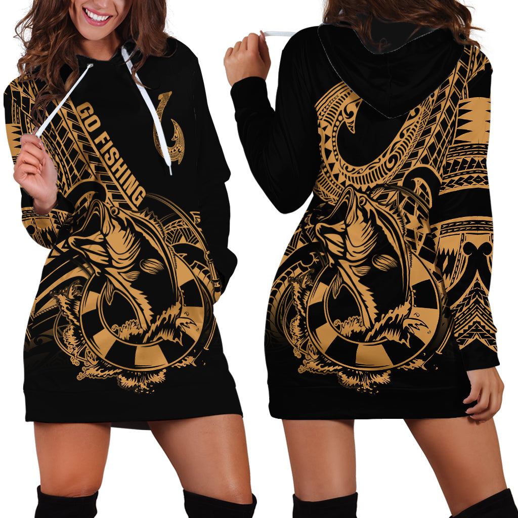 Polynesia Hoodie Dress Fish Hook Tattoo Go Fishing Polynesian Pattern Gold LT14 - Polynesian Pride