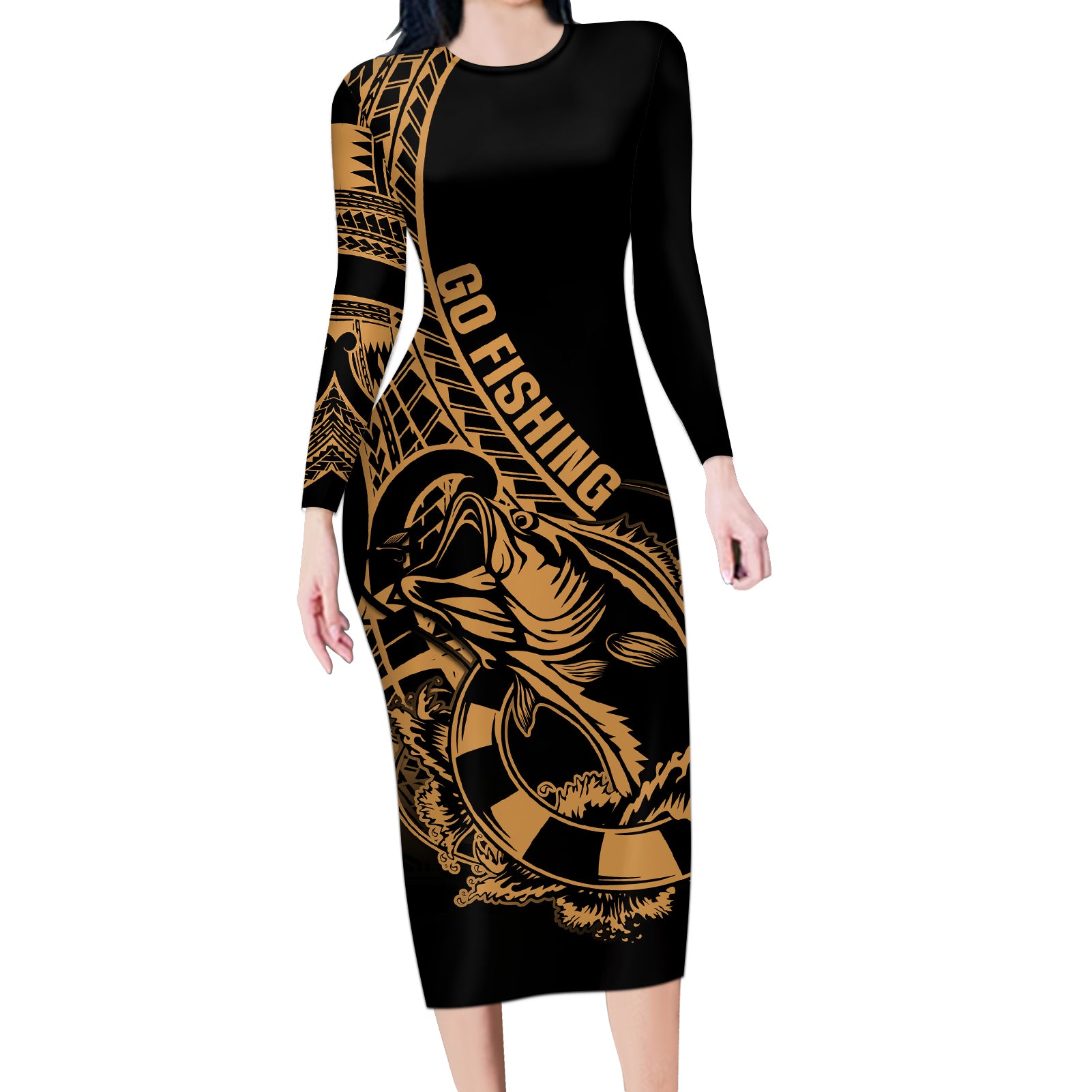 polynesia-long-sleeve-bodycon-dress-fish-hook-tattoo-go-fishing-polynesian-pattern-gold