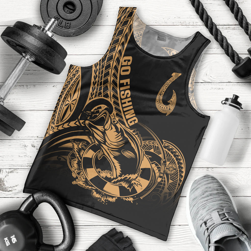 Polynesia Men Tank Top Fish Hook Tattoo Go Fishing Polynesian Pattern Gold LT14 Gold - Polynesian Pride