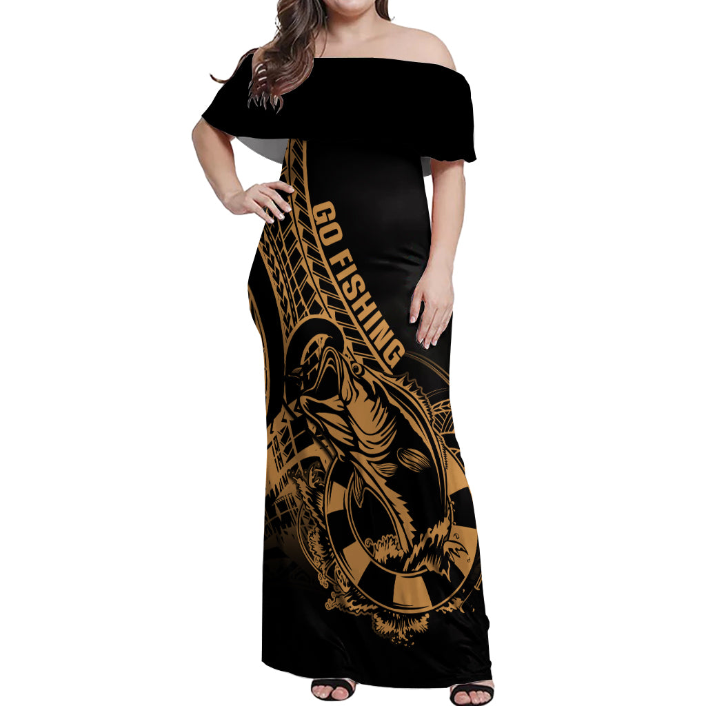 Polynesia Off Shoulder Maxi Dress Fish Hook Tattoo Go Fishing Polynesian Pattern Gold LT14 Women Gold - Polynesian Pride