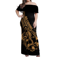 Polynesia Off Shoulder Maxi Dress Fish Hook Tattoo Go Fishing Polynesian Pattern Gold LT14 Women Gold - Polynesian Pride